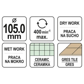 YATO Gyémánt körkivágó 105 mm vizes/száraz (YT-60435) YATO Gyémánt körkivágó 105 mm vizes/száraz (YT-60435)