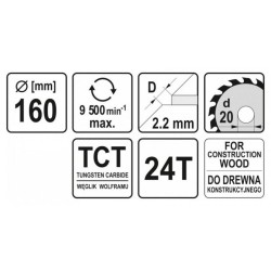 YATO Fűrésztárcsa fához 160 x 20 x 1,5 mm / 24T (YT-60480)