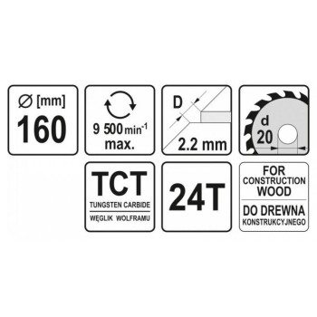 YATO Fűrésztárcsa fához 160 x 20 x 1,5 mm / 24T (YT-60480)
