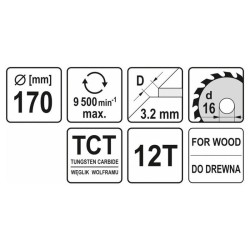 YATO Fűrésztárcsa fához 170 x 16 x 2,2 mm / 12T (YT-60582) YATO Fűrésztárcsa fához 170 x 16 x 2,2 mm / 12T (YT-60582)