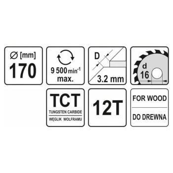YATO Fűrésztárcsa fához 170 x 16 x 2,2 mm / 12T (YT-60582)