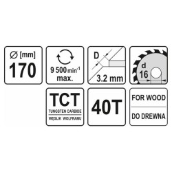 YATO Fűrésztárcsa fához 170 x 16 x 2,2 mm / 40T (YT-60583) YATO Fűrésztárcsa fához 170 x 16 x 2,2 mm / 40T (YT-60583)