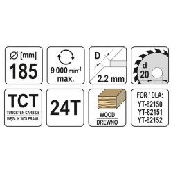 YATO Fűrésztárcsa fához 185 x 20 x 1,5 mm / 24T (YT-60621) YATO Fűrésztárcsa fához 185 x 20 x 1,5 mm / 24T (YT-60621)