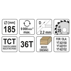 YATO Fűrésztárcsa fához 185 x 20 x 1,5 mm / 36T (YT-60622) YATO Fűrésztárcsa fához 185 x 20 x 1,5 mm / 36T (YT-60622)