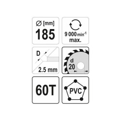 YATO Fűrésztárcsa PVC-hez 185 x 20 x 1,5 mm / 60T (YT-60627)