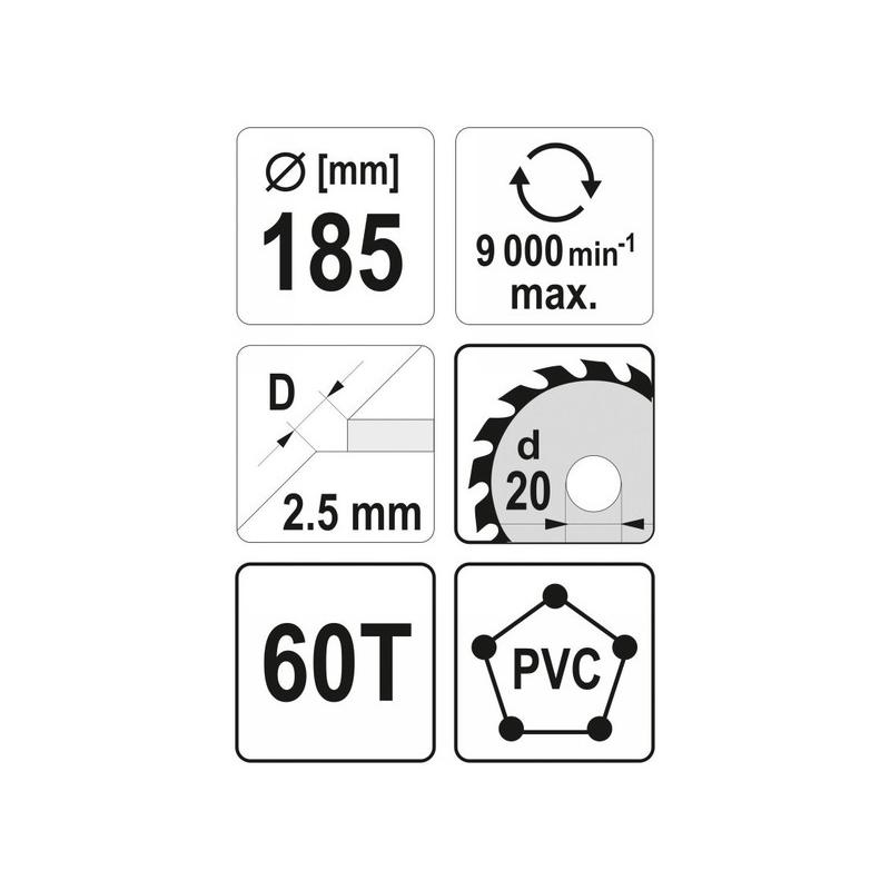 YATO Fűrésztárcsa PVC-hez 185 x 20 x 1,5 mm / 60T (YT-60627)
