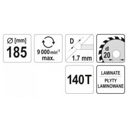 YATO Fűrésztárcsa laminált padlóhoz 185 x 20 x 1,4 mm / 140T (YT-60631) YATO Fűrésztárcsa laminált padlóhoz 185 x 20 x 1,4 mm / 140T (YT-60631)