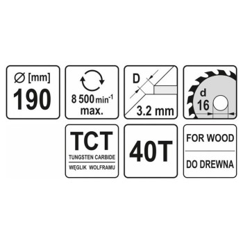 YATO Fűrésztárcsa fához 190 x 16 x 2,2 mm / 40T (YT-60633) YATO Fűrésztárcsa fához 190 x 16 x 2,2 mm / 40T (YT-60633)