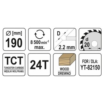 YATO Fűrésztárcsa fához 190 x 20 x 1,5 mm / 24T (YT-60634) YATO Fűrésztárcsa fához 190 x 20 x 1,5 mm / 24T (YT-60634)