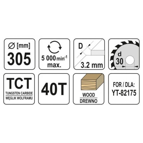 YATO Fűrésztárcsa fához 305 x 30 x 2,2 mm / 40T (YT-60783) YATO Fűrésztárcsa fához 305 x 30 x 2,2 mm / 40T (YT-60783)