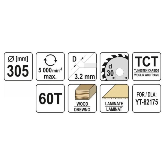 YATO Fűrésztárcsa fához 305 x 30 x 2,0 mm / 60T (YT-60784) YATO Fűrésztárcsa fához 305 x 30 x 2,0 mm / 60T (YT-60784)