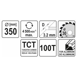YATO Fűrésztárcsa alumíniumhoz 350 x 30 mm x 2,5 mm / 100T (YT-6099) YATO Fűrésztárcsa alumíniumhoz 350 x 30 mm x 2,5 mm / 100T (YT-6099)