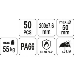 YATO Kábelkötegelő fekete 200 x 7,6 mm (50 db/cs) (YT-70650)