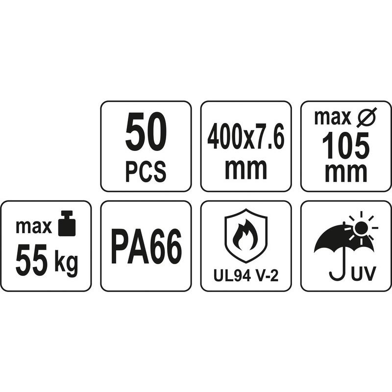 YATO Kábelkötegelő fekete 400 x 7,6 mm (50 db/cs) (YT-70653)