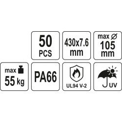 YATO Kábelkötegelő fekete 430 x 7,6 mm (50 db/cs) (YT-70654) YATO Kábelkötegelő fekete 430 x 7,6 mm (50 db/cs) (YT-70654)