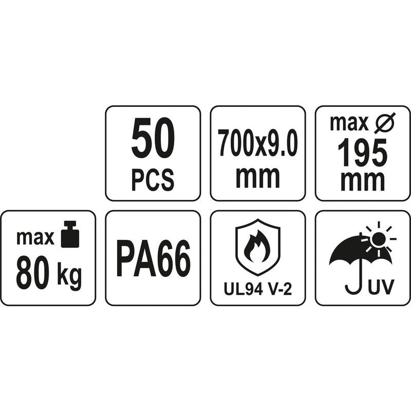 YATO Kábelkötegelő fekete 700 x 9,0 mm (50 db/cs) (YT-70658)