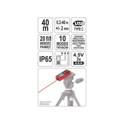 YATO Lézeres távolságmérő 0,2-40 m IP65 (YT-73126) YATO Lézeres távolságmérő 0,2-40 m IP65 (YT-73126)