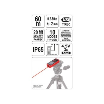 YATO YT-73127 lézeres távolságmérő 0,2–60 m IP65 védelemmel YATO YT-73127 lézeres távolságmérő 0,2–60 m IP65 védelemmel