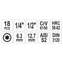 YATO Bit dugókulcs készlet 18 részes Torx 1/4', 1/2' CrV (YT-7751) YATO Bit dugókulcs készlet 18 részes Torx 1/4', 1/2' CrV (YT-7751)