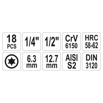 YATO Bit dugókulcs készlet 18 részes Torx 1/4', 1/2' CrV (YT-7751) YATO Bit dugókulcs készlet 18 részes Torx 1/4', 1/2' CrV (YT-7751)