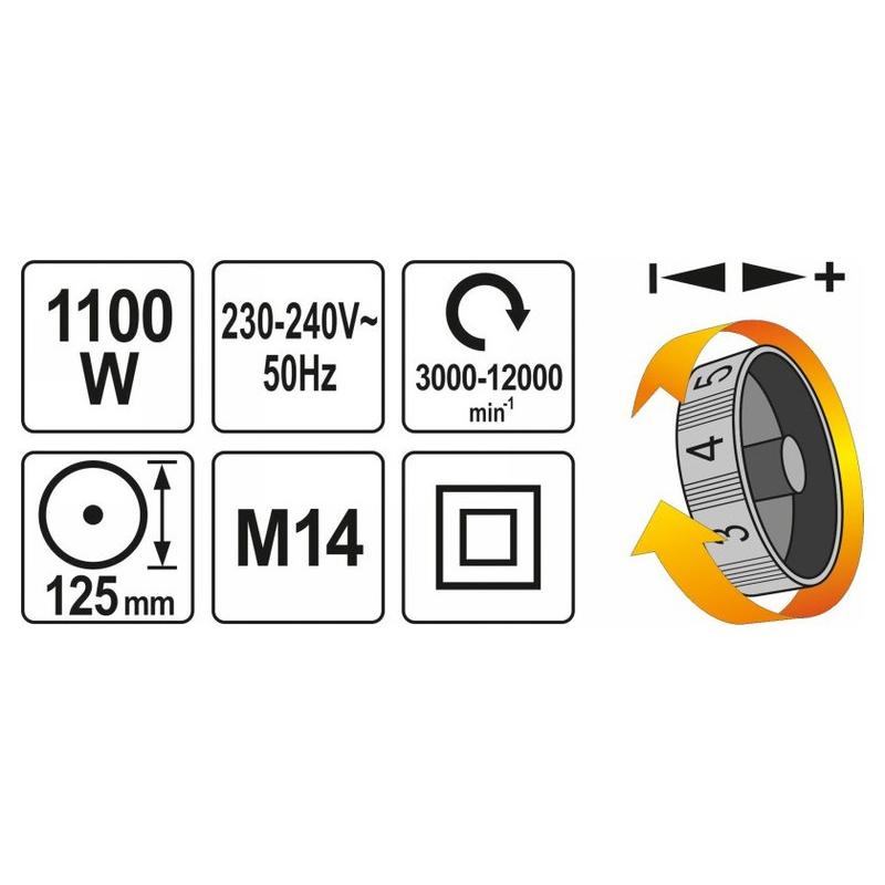 YATO Sarokcsiszoló 125 mm 1100 W fordulatszám szabályzós (YT-82101) YATO Sarokcsiszoló 125 mm 1100 W fordulatszám szabályzós (YT-82101)