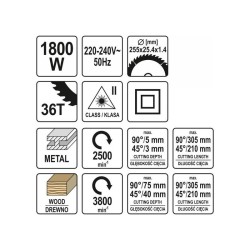 YATO Gérvágó lézeres fára / fémre 255 mm 1800 W (YT-82174)