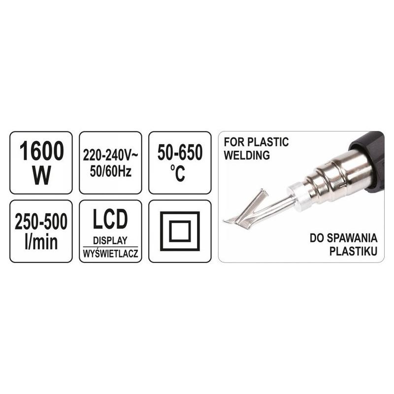 YATO Hőlégfúvó tartozékokkal LCD kijelzővel 50 - 650 °C 1600 W (YT-82296)
