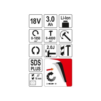 YATO Akkus kombikalapács SDS-Plus 2,0 J 18 V Li-Ion (1 x 3,0 Ah akku + töltő) (YT-82770)