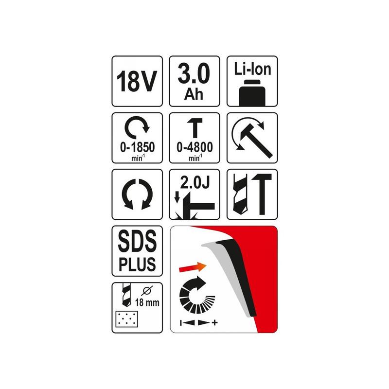 YATO Akkus kombikalapács SDS-Plus 2,0 J 18 V Li-Ion (1 x 3,0 Ah akku + töltő) (YT-82770)
