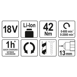 YATO Akkus fúrócsavarozó 42 Nm szénkefe nélküli 18 V Li-Ion (akku + töltő nélkül) (YT-82795) YATO Akkus fúrócsavarozó 42 Nm szénkefe nélküli 18 V Li-Ion (akku + töltő nélkül) (YT-82795)