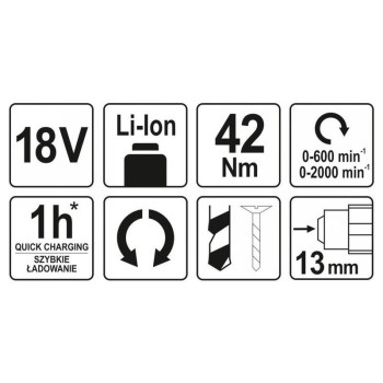 YATO Akkus fúrócsavarozó 42 Nm szénkefe nélküli 18 V Li-Ion (akku + töltő nélkül) (YT-82795)