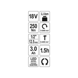 YATO Akkus ütvecsavarozó 1/2' 250 Nm szénkefe nélküli 18 V Li-Ion (1 x 3,0 Ah akku + töltő) (YT-82802) YATO Akkus ütvecsavarozó 1/2' 250 Nm szénkefe nélküli 18 V Li-Ion (1 x 3,0 Ah akku + töltő) (YT-82802)