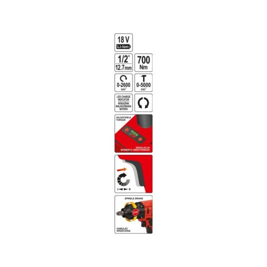 YATO Akkus ütvecsavarozó 1/2' 700 Nm szénkefe nélküli 18 V Li-Ion (akku + töltő nélkül) (YT-828061)