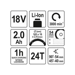 YATO Akkus körfűrész 165 mm 18 V Li-Ion (1 x 2,0 Ah akku + töltő) (YT-82810) YATO Akkus körfűrész 165 mm 18 V Li-Ion (1 x 2,0 Ah akku + töltő) (YT-82810)