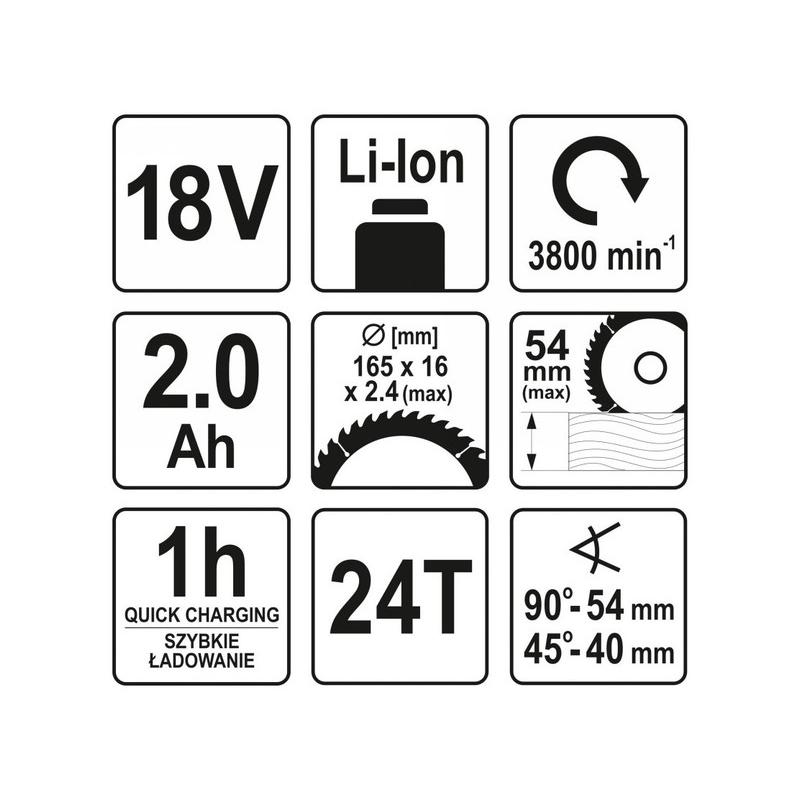 YATO Akkus körfűrész 165 mm 18 V Li-Ion (1 x 2,0 Ah akku + töltő) (YT-82810)