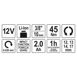 YATO Akkus sarok ütvecsavarozó 3/8' 45 Nm 12 V Li-Ion (1 x 2,0 Ah akku + töltő) (YT-82902) YATO Akkus sarok ütvecsavarozó 3/8' 45 Nm 12 V Li-Ion (1 x 2,0 Ah akku + töltő) (YT-82902)