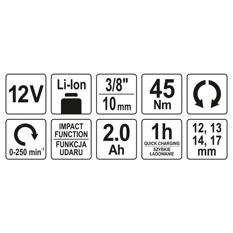 YATO Akkus sarok ütvecsavarozó 3/8' 45 Nm 12 V Li-Ion (1 x 2,0 Ah akku + töltő) (YT-82902)
