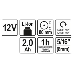 YATO Akkus polírozó 80 mm 12 V Li-Ion (1 x 2,0 Ah akku + töltő) (YT-82903) YATO Akkus polírozó 80 mm 12 V Li-Ion (1 x 2,0 Ah akku + töltő) (YT-82903)