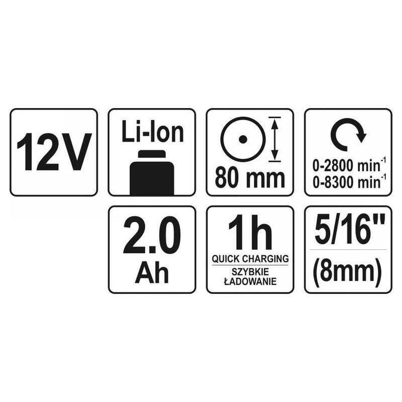 YATO Akkus polírozó 80 mm 12 V Li-Ion (1 x 2,0 Ah akku + töltő) (YT-82903)