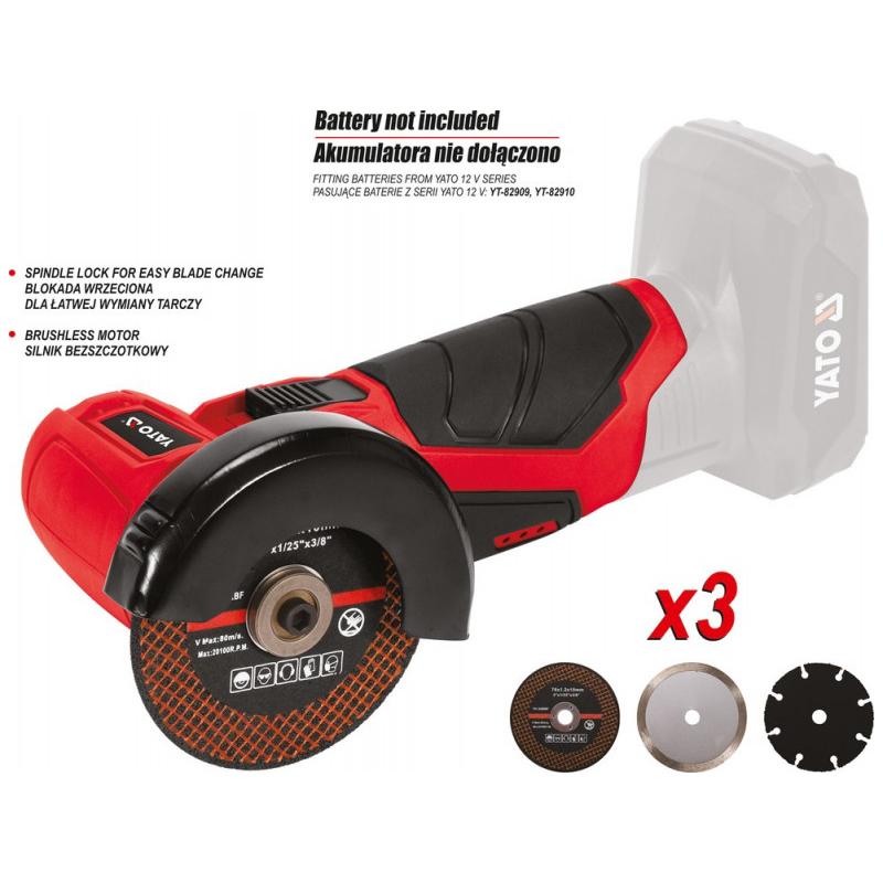 YATO Akkus vágószerszám 76 x 10 mm szénkefe nélküli 12 V Li-Ion (akku + töltő nélkül) (YT-82905)