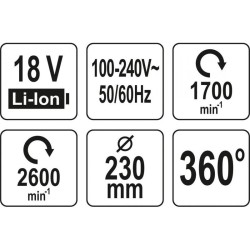 YATO Akkus / elektromos ventilátor 230 mm 360° 18 V Li-Ion (akku + töltő nélkül) (YT-82933)