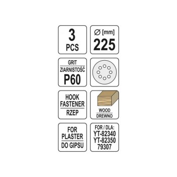 YATO Tépőzáras fíbertárcsa 225 mm / P60 (3 db/cs) (YT-83471)