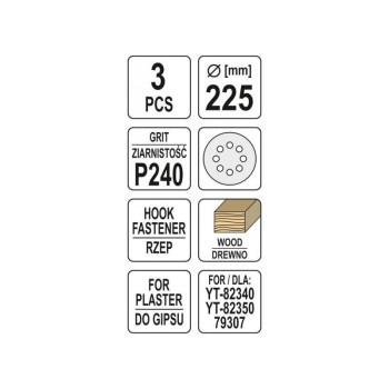 YATO Tépőzáras fíbertárcsa 225 mm / P240 (3 db/cs) (YT-83477)