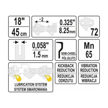 YATO Láncfűrész lánc 18' 0,325' 1,5 mm 72 szem (YT-84943)