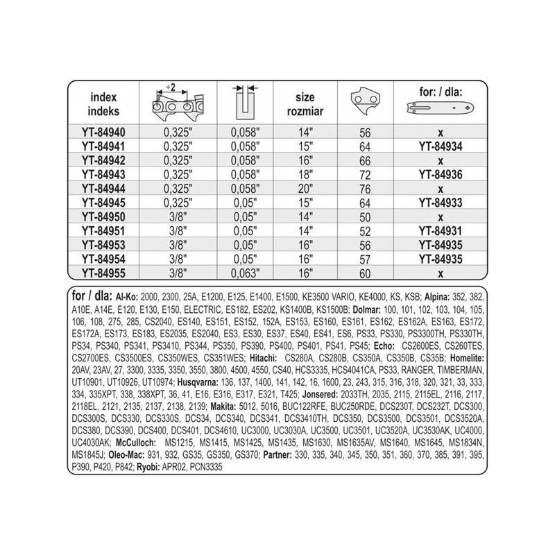 YATO Láncfűrész lánc 16' 3/8' 1,3 mm 56 szem (YT-84953)