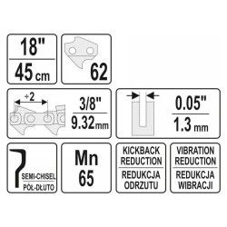 YATO Láncfűrész lánc 18' 3/8' 1,3 mm 62 szem (YT-84956) YATO Láncfűrész lánc 18' 3/8' 1,3 mm 62 szem (YT-84956)