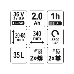 YATO Akkus fűnyíró 340 mm 2 x 18 V (2 x 2,0 Ah akku + töltő) (YT-85220)