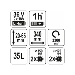 YATO Akkus fűnyíró 340 mm 2 x 18 V (akku + töltő nélkül) (YT-85221)