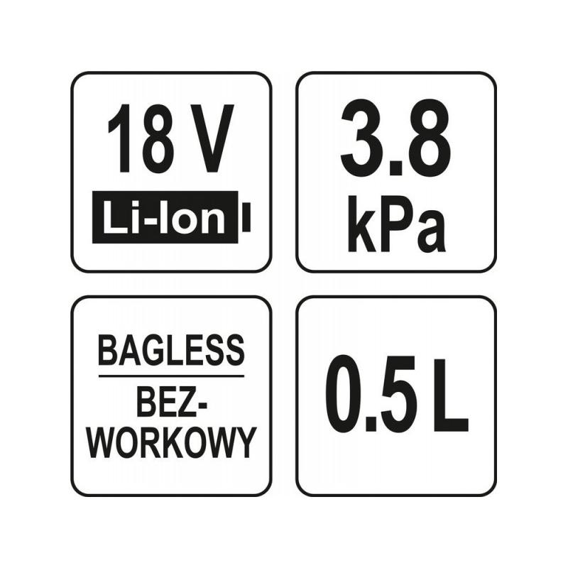 YATO Akkus porszívó tartozékokkal 18 V Li-Ion (akku + töltő nélkül) (YT-85680)