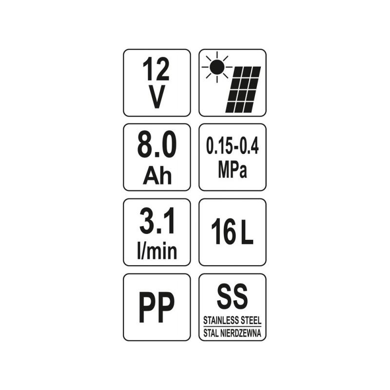 YATO Akkus és napelemes háti permetező 16 liter 12 V 8,0 Ah (YT-86220)